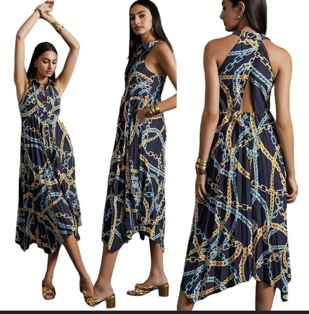 Anthropologie Navy and Gold Chain Print Maxi Dress